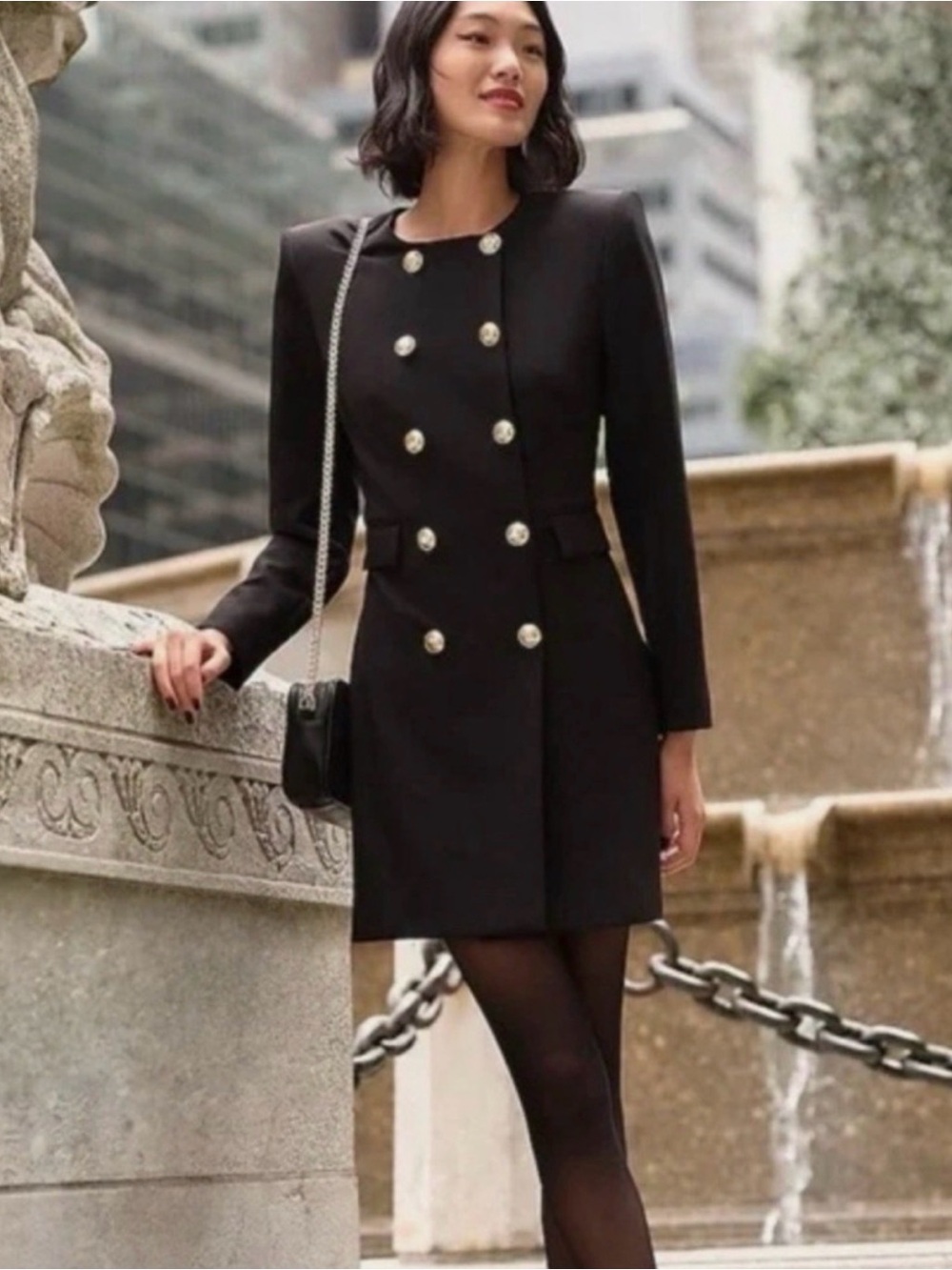 Express Black Double-Breasted Tailored Dress with Gold Buttons